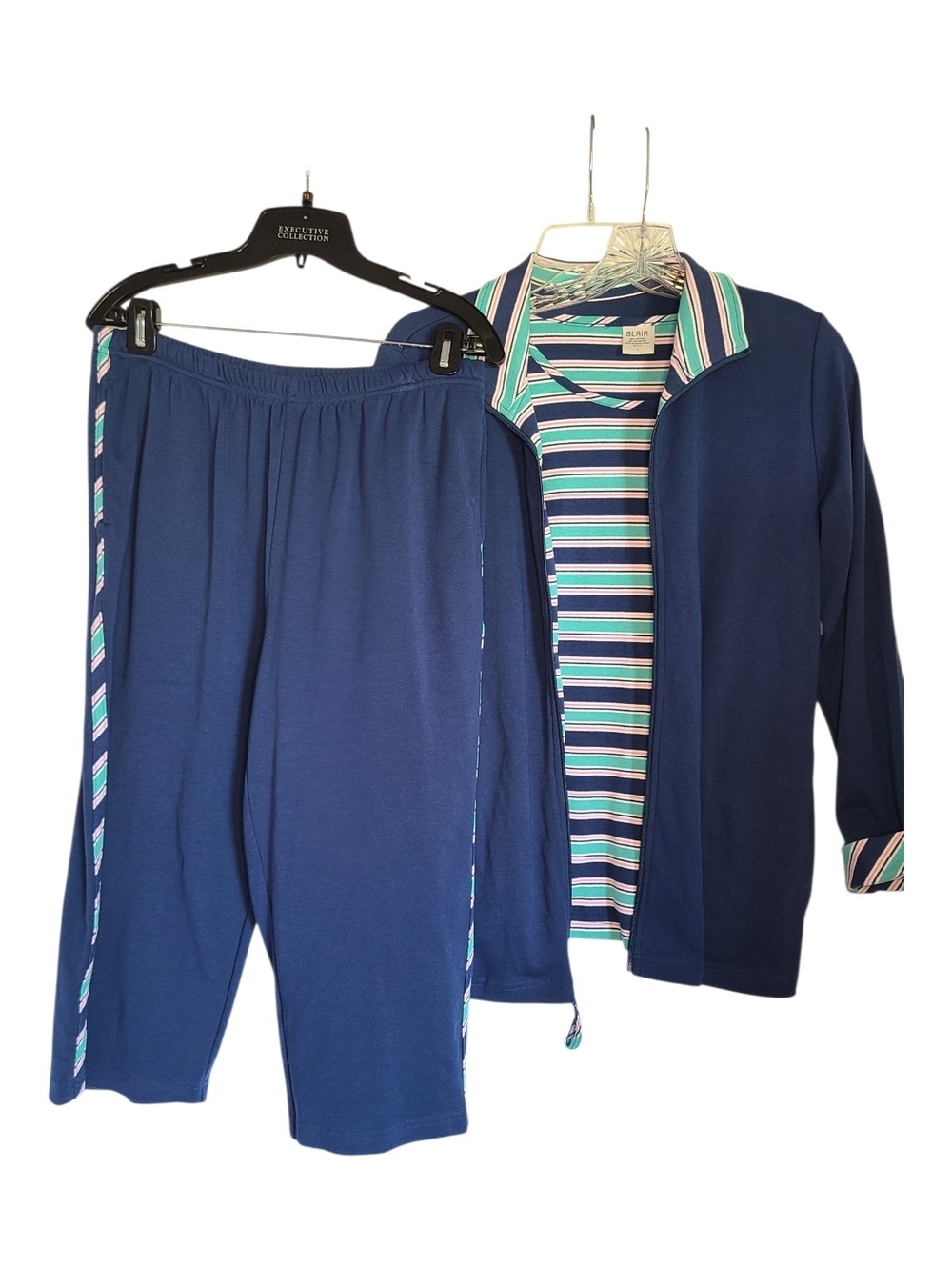 BLAIR Vintage Style 3-Pc Loungewear Set L Navy Striped Jacket Tee Capris